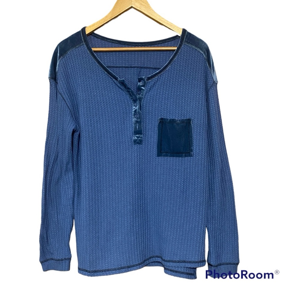 Blue Distressed Henley, size L, never worn
